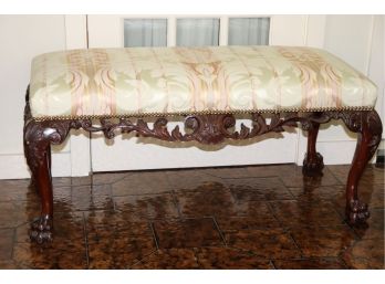 Vintage Carved Wood Bench With Fancy Carved Scrolled Shell Motif & Custom Fabric/Nail Head Detail/Paw Foot