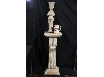 Ornate Carved Wood Pedestal  And Tall Carved Figural Wall Sconce & Small Pitcher
