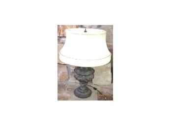 Antique Victorian Era Oil Lamp Converted To Electric Lamp With Fanciful Exterior & Custom Silk Shade