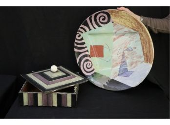 Hand Painted Faux Shagreen Decorative Box & Hand Painted/Glazed Terra Cotta Wall Hanging Plate Signed By Artis