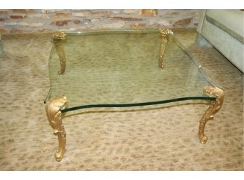 Stylishly Elegant Glass Coffee Table With Bronze Acanthus Leaf Carved Legs In Each Of The Four Corners