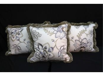 Set Of 3 Hand Embroidered Decorative Pillows With Silk Fringe Trim- Incredibly Detailed Handwork