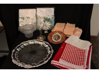 Swarovski Candle Holder, Silver Plate Tray Candlewick Vase & Large Tablecloth, Placemats & Napkins