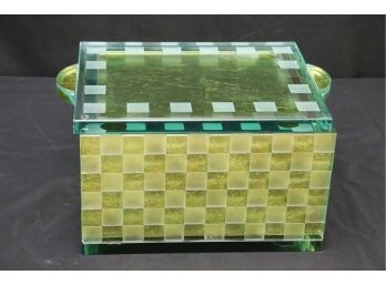 Contemporary Glass Artwork Of Large Box With Lid Featuring Cross Hatch Design Signed Sabatio Polyzi