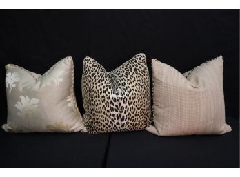Group Of 3 Custom Made Decorative Accent Pillows Featuring Leopard Design With Piping & Striped Silk Design