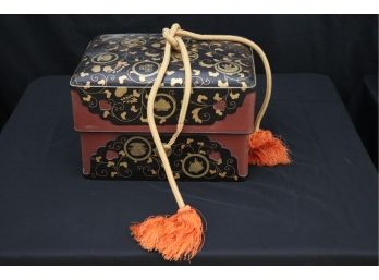 Vintage Japanese Lacquer Presentation Box-Original Silk Cord & Hand Painted Gold Designs Of Ginkgo Leaves