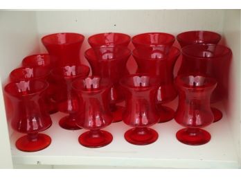 Vintage Red Glassware Having A Fancy Curved Design & Stem - Will Mix & Match Nicely With Your Summer Decor