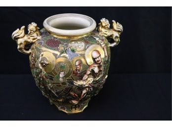Vintage Elaborate Ancestors Vase With Dragon Handles Satsuma, Signed On Bottom - Generous Moriage Details