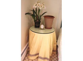 Skirted Side Table, Berea College NY Woven Wastebasket, Seth Thomas Battery Operated Clock & Floral Display