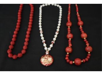 Asian Style Pendant On A Beautiful Beaded Strand & Large Red Colored Beaded Necklaces
