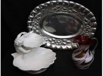 Pewter Platter With Floral Trim, Art Glass Water Pitcher & Serving Dish With Shell & Cherub Made In Italy