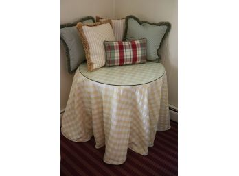 Yellow & White Gingham Tablecloth Skirted Side Table With Custom Accent Pillows