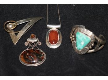 Sterling Jewelry-Cuff Bracelet/Turquoise Stone, Pin, Sterling Pendant With Stone & Sterling Pendant Sajen