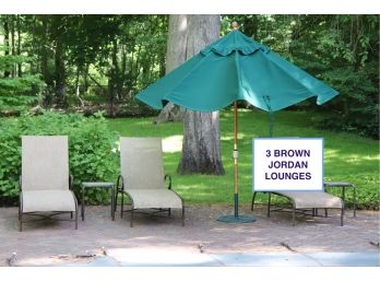 Brown Jordan 3 Lounge Chairs Includes 2 Small Side Tables & Umbrella With Stand By Basta Sole Canvas Umbrella