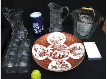 Hand Painted Japanese Platter Stamped, Crystal Pitchers, Flower Bud Vases, Glass Egg & Takahashi  Va