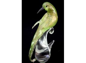 Super Beautiful & Tall Gold Flecked Murano Glass Bird On A Glass Branch With Stunning Iridescent Green Colors