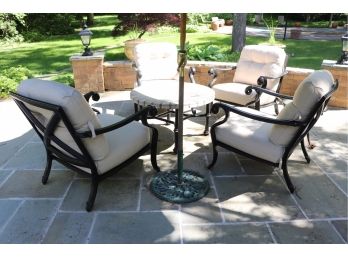 Brown Jordan Patio Seating Area Set Includes Table, 4 Chairs, Cushions And Umbrella And Stand