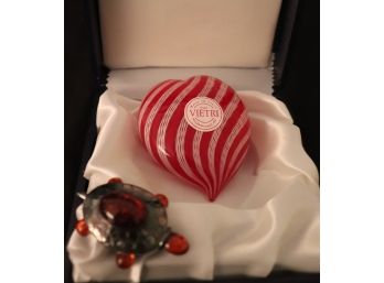 Beautiful Vietri Blown Glass Heart Made In Italy With Box! Turtle Pin WithSilver Liner & Amber Stone