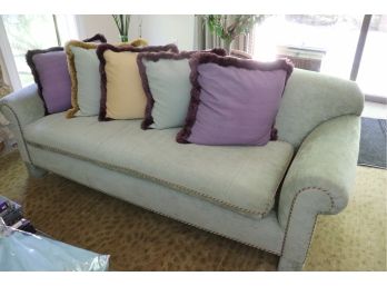 Custom Made 3 Seat Aqua Tone Velvet Sofa With Silk Multicolor Trim & Decorative Accent Pillows