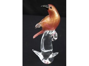 Amazing Tall & Gold Flecked Iridescent Pink Murano Glass Exotic Bird With Black Beak On A Glass Branch