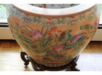 Lg Decorative Handpainted Asian Planter On Wood Pedestal Lovely Peach Background - Lotus Flowers & Crane