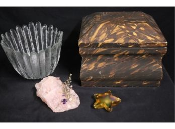 Fun Vintage Veneer Liner Box With Suede, Rock Embellished Sculpture And Gold Glass Star