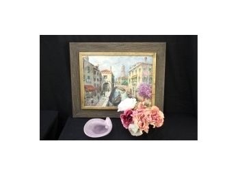 Mid Century Era Watercolor Portrait Of Venice Signed Lower Right & Mid-Century Decorative Glass Bowl