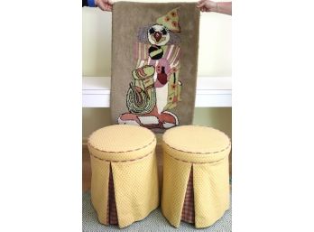 Pair Of Metal Stools With Custom Fabric & Clown Mat Made Exclusively For SC With Stamp On Back
