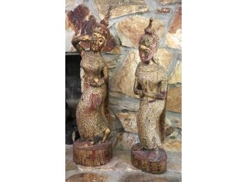 Pair Of Vintage Carved Wood Statues Of Thai Dancers With Gold Leaf Paint & Sequin Highlights/Details
