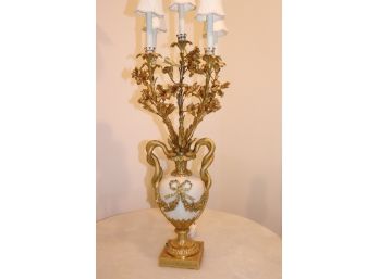 Superb Dore Bronze 5 Arm Candelabra Lamp-Entwined Snake Handles & Garlands Of Flowers Over Pure White Marble