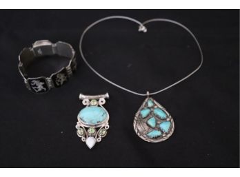 Sterling Siam Bracelet, Angie C Zuni Pendant Turquoise Stone & Sterling Pendant With Turquoise Center