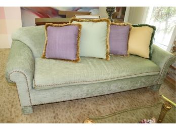 Custom Made Three Seat Aqua Tone Velvet Sofa With Silk Multicolor Trim & Decorative Accent Pillows