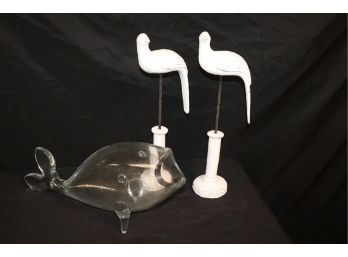 Amazing Blown Glass Whale Center Piece & White Carved Seals On Post
