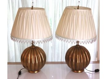 Pair Of Heavy Stylish Gourd Shaped Lamps With A Rubbed Copper Finish