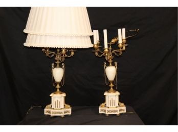 Pair Of Vintage Marble & Brass Candelabra Lamps, Beautiful Quality Heavy Pieces