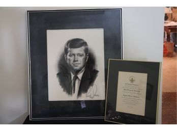 Signed JFK Pastel In A Matted Frame By Brandi Downs 1968, JFK Inaugural Committee In A Nielsen Frame