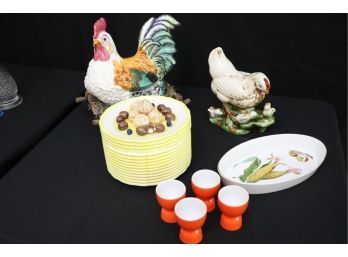 Hand Painted Barnyard Chickens With Orange Egg Cups, Royal Worcester, Ebersham Pattern Dish & Soup Tureen
