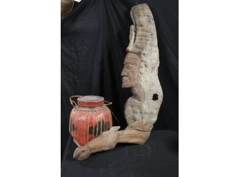 Carved Wood Portrait By Fritz Abplanalp  & Vintage Painted Wood Basket, Carved Driftwood Horse