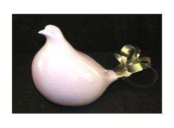 Fun Figurine Of Large Contemporary Bird With Metal Feather - Lavender Color Porcelain Body Is Truly Interestin
