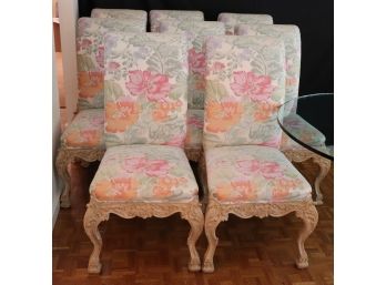 8 Beautiful Floral French Style Dining Chairs With Custom Floral Upholstery-Very Good Condition