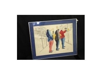 Signed Watercolor Painting Of Jazz Musicians On New Orleans Street In A Metal Blue Matted Frame