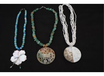 Fun Beaded Necklaces Includes Carved Stone Deer Pendant & Necklace With A Floral Shell Style Pendant