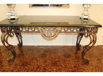 Amazing Fancy Granite Top Console Table! Statement Piece- Heavy Metal Wrought Iron Base & Scrolled Detaili