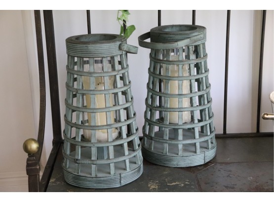 Fun Lt. Turquoise Colored White Wash Candle Holders With Handles