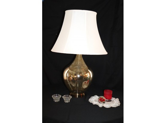 Large Glass Platter, Lamp Approx  Floral Paper Weight And Small Candle Holders