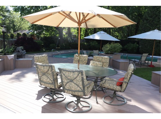 Brown Jordan Outdoor Patio Set Includes 6 Swivel Chairs With Cushions & Umbrella