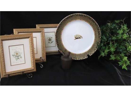 Beautiful Rosenthal Harrahs New Years Eve 1994, Floral Prints In Gold Frame, Seed Pot With Bird