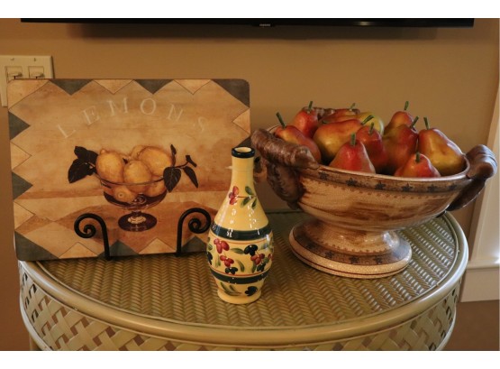 8 Cork Board Placemats & Large Fruit Bowl With Decorative Faux Pears & Glazed Oil Decanter