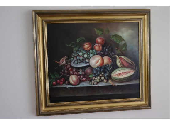 Beautiful Oil Still Life Painting Bountiful Fruits In Gold Frame