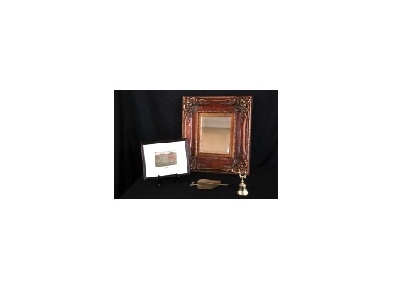 Beveled Mirror In Ornate Frame Plus Brass Leaf Tray, Baldwin Brass Bell And Golf Club Letter Opener